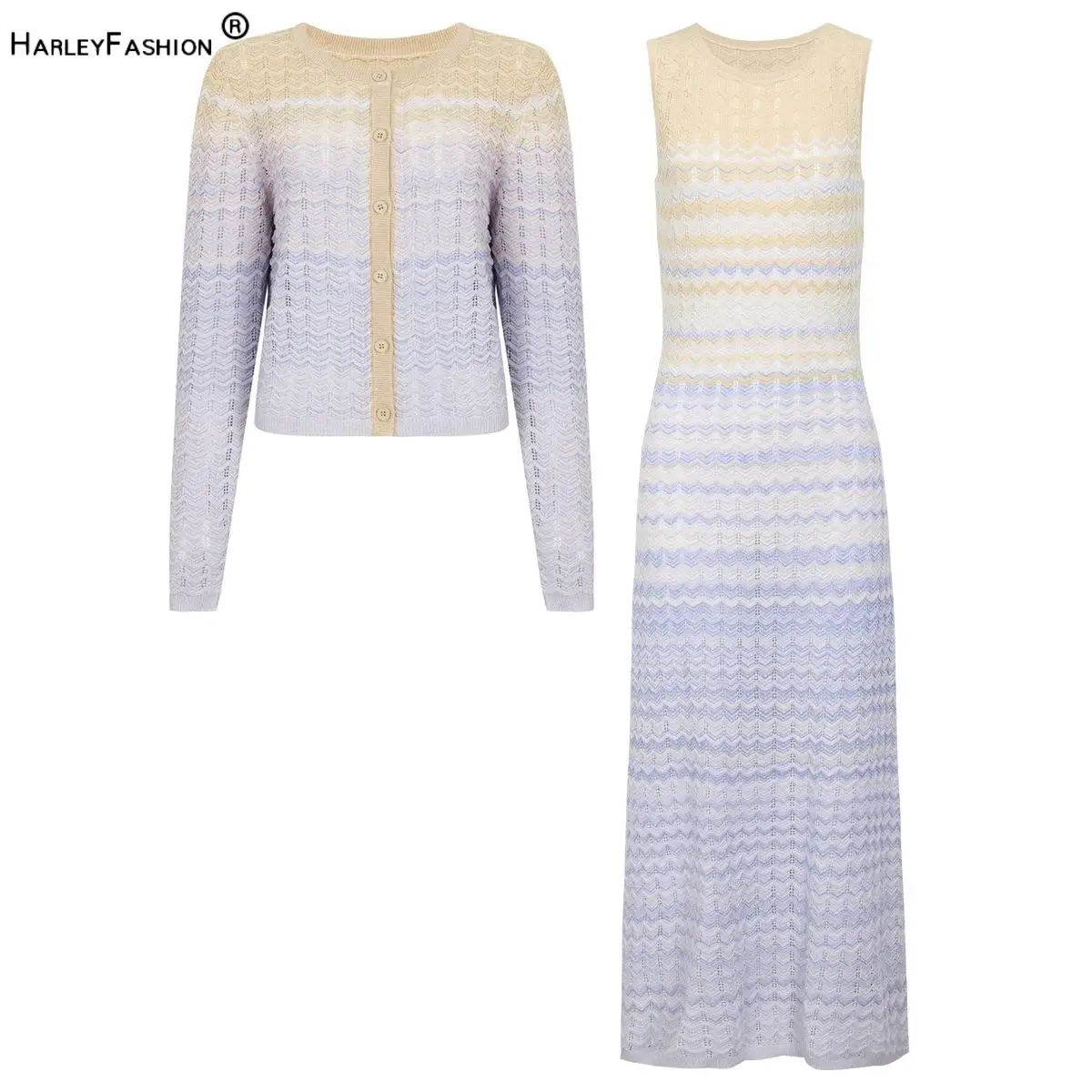 Lady Delicacy Gradient Color Hollow Out Suit O-neck Long Sleeve Single-breasted Cardigan Sleeveless Maxi Dress Women Knit 2Pcs
Lady Delicacy Gradient Color Hollow Out Suit O-neck Long Sleeve Single-breasted Cardigan Sleeveless Maxi Dress Women Knit 2Pcs