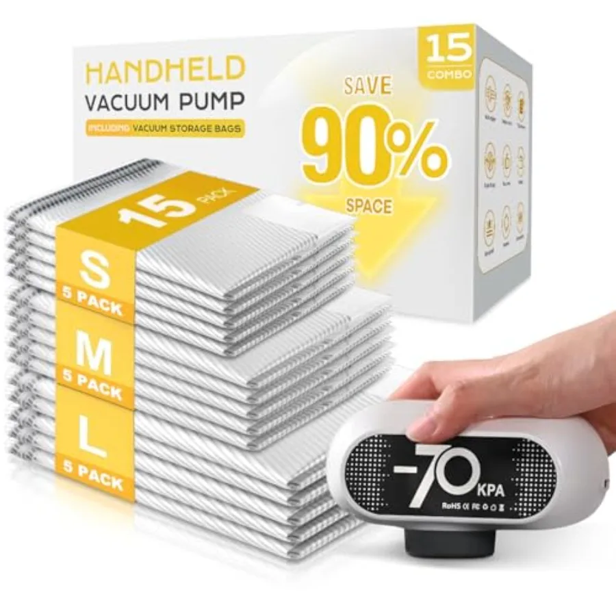 15 Pack Vacuum Storage Bags with -70KPa Electric Pump, Premium Tear-Resistant Reusable Bags for Clothing, Space Saving Essentia
15 Pack Vacuum Storage Bags with -70KPa Electric Pump, Premium Tear-Resistant Reusable Bags for Clothing, Space Saving Essentia