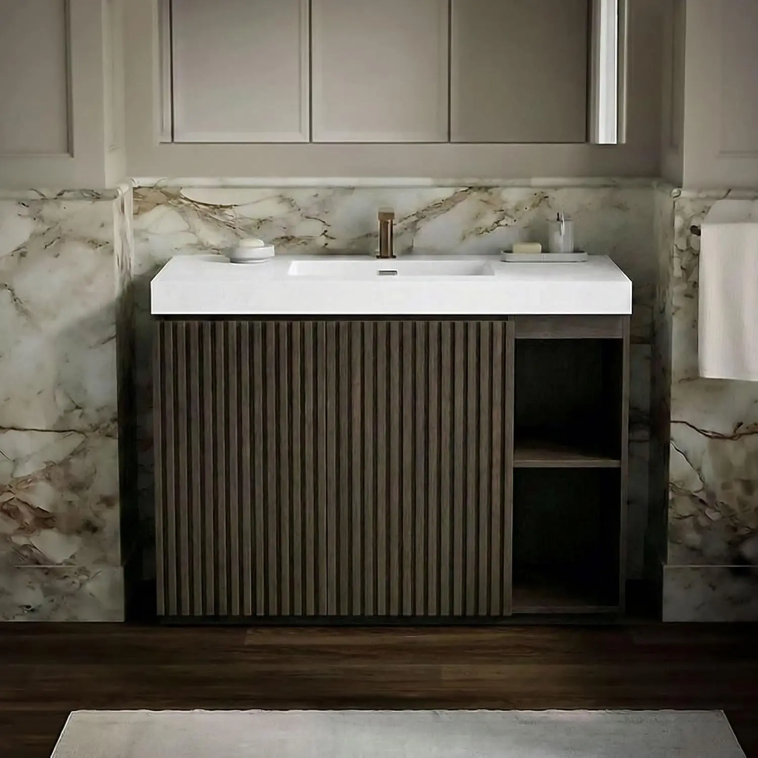 48" Mid Century Vanity Cabinet Sink Combo, Doors & Open Shelf, White Integrated Sink Overflow, Dark Grey Oak, Custom
48" Mid Century Vanity Cabinet Sink Combo, Doors & Open Shelf, White Integrated Sink Overflow, Dark Grey Oak, Custom