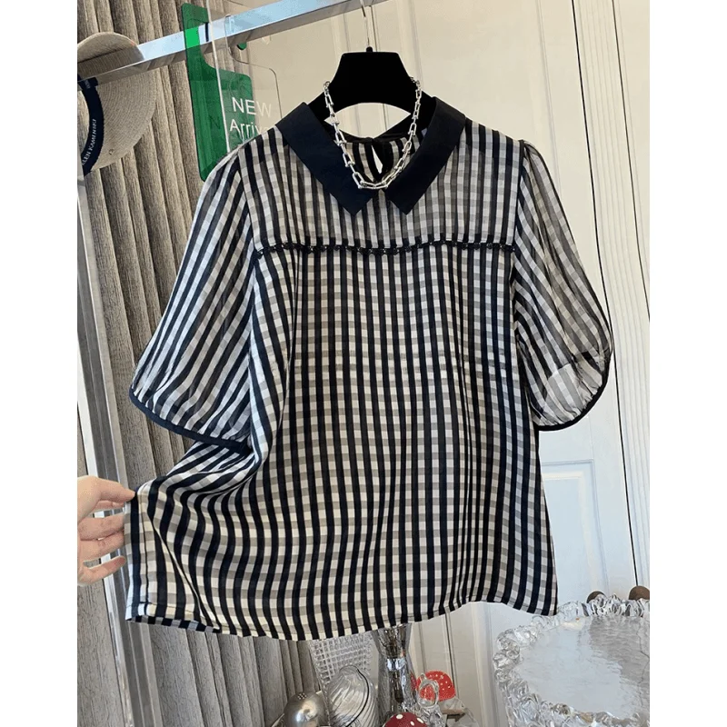 Ladies Fashion Patchwork Turn-down Collar Short Sleeve Blouse Summer All-match Plaid Pullover T-Shirts Women Clothes Loose Tops
Ladies Fashion Patchwork Turn-down Collar Short Sleeve Blouse Summer All-match Plaid Pullover T-Shirts Women Clothes Loose Tops