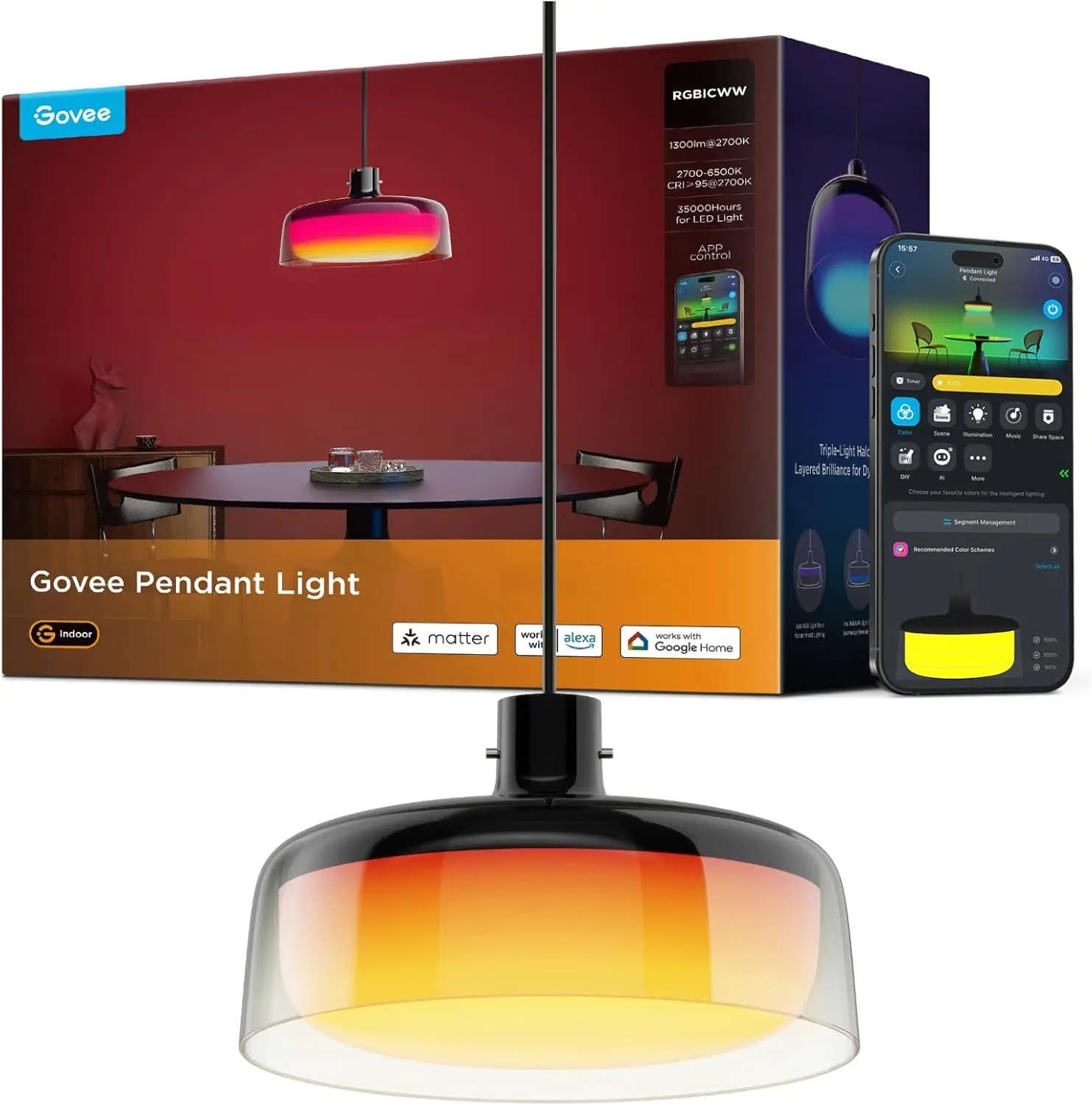 Smart Pendant Light for Kitchen Island, 3-Layer RGBIC, 1300LM Dimmable, Works with Alexa, Adjustable Height
Smart Pendant Light for Kitchen Island, 3-Layer RGBIC, 1300LM Dimmable, Works with Alexa, Adjustable Height