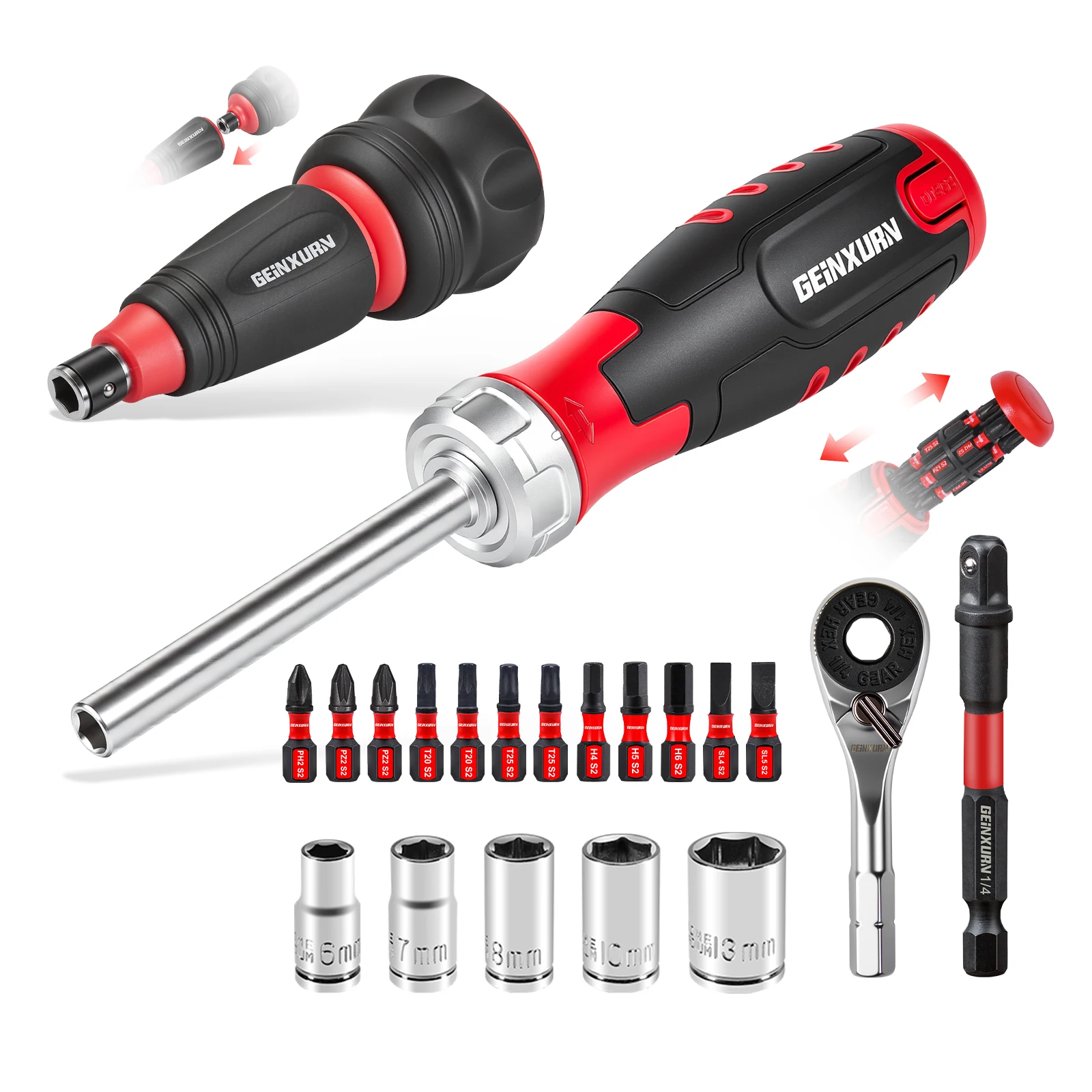 Geinxurn Ratchet Screwdriver Handle Kit, 1/4" Mixed Bits Set with Wrench, Sockets & Nut Drivers for DIY
Geinxurn Ratchet Screwdriver Handle Kit, 1/4" Mixed Bits Set with Wrench, Sockets & Nut Drivers for DIY