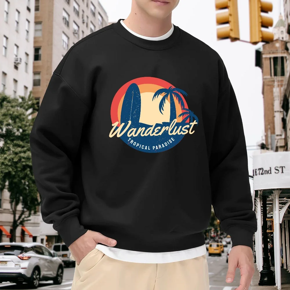 Men's Black Crew Neck Loose Sweatshirt with Tropical Surf Print, Casual Top, Comfortable and Breathable, Versatile for Everyday Wear, Street Fashion Pullover
Men's Black Crew Neck Loose Sweatshirt with Tropical Surf Print, Casual Top, Comfortable and Breathable, Versatile for Everyday Wear, Street Fashion Pullover