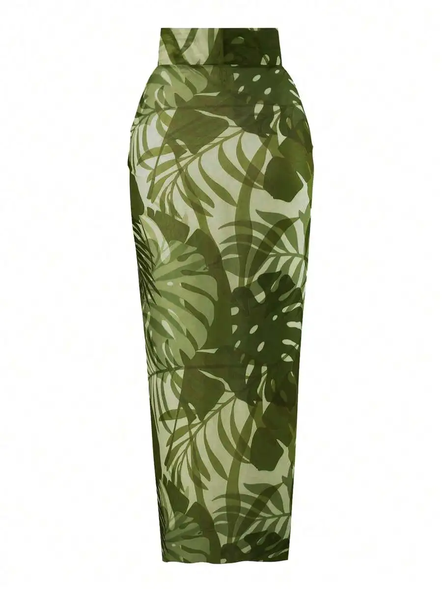 Tropical Leaf Print Mesh Beach Skirt With Cutout Backless U-Neck Swimsuit Set Sage Green For Summer Vacation Festival
Tropical Leaf Print Mesh Beach Skirt With Cutout Backless U-Neck Swimsuit Set Sage Green For Summer Vacation Festival