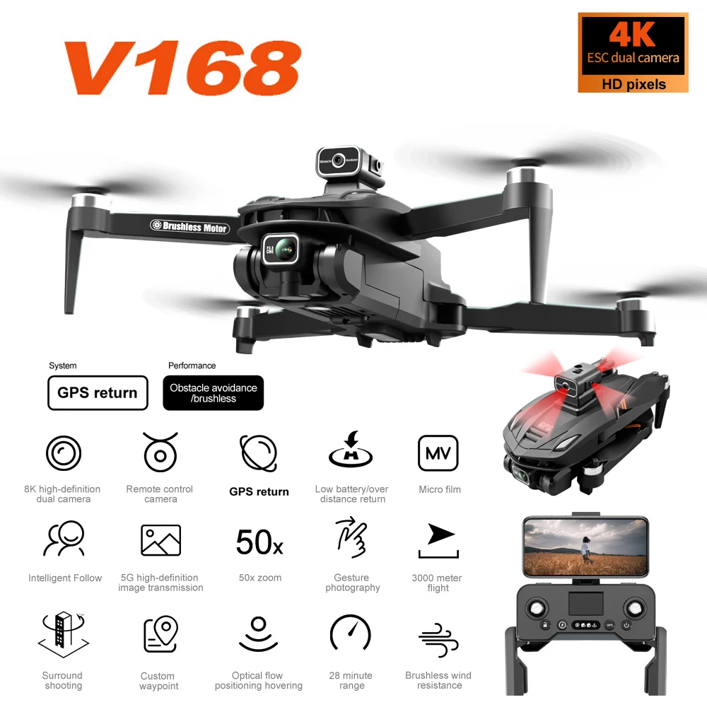 Professional V168 GPS Drone With 4K Dua HD Dual-Camera 5G WIFI Aerial Photography 360° Obstacle Avoidance Auto Return Drone
Professional V168 GPS Drone With 4K Dua HD Dual-Camera 5G WIFI Aerial Photography 360° Obstacle Avoidance Auto Return Drone