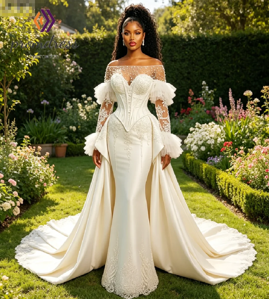 Luxury Mermaid Wedding Dress Off Shoulder Illusion Beaded Lace Corset Overskirt Church Nigeria Bridal Gowns Long Sleeve Garden
Luxury Mermaid Wedding Dress Off Shoulder Illusion Beaded Lace Corset Overskirt Church Nigeria Bridal Gowns Long Sleeve Garden