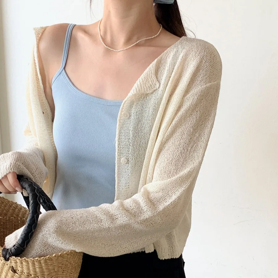 Korean Style Casual Thin Long Sleeve round Neck Knitted Sweater Pure Color Single Button Short Length Ice Cool Cover up
Korean Style Casual Thin Long Sleeve round Neck Knitted Sweater Pure Color Single Button Short Length Ice Cool Cover up