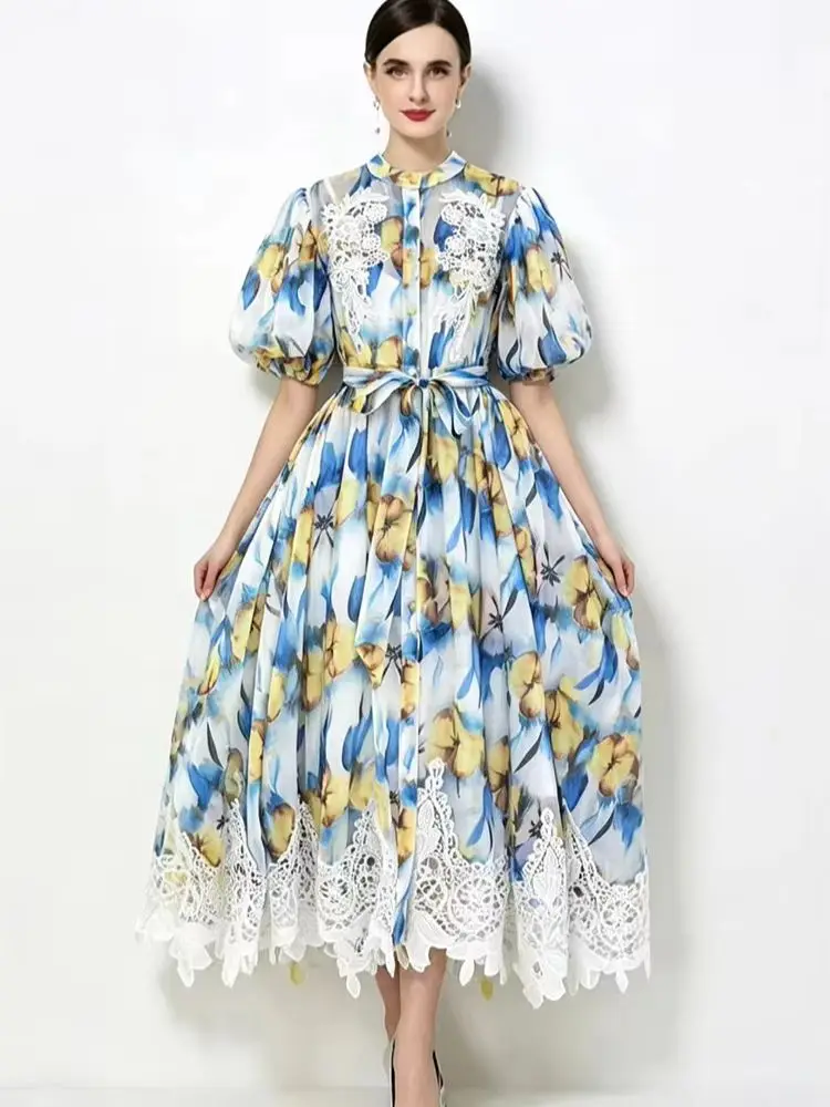 Women's Summer Holiday Floral Embroidery Prom Dress with Stand Lantern Sleeve Belt Lace Trims Single Breasted Long Robes
Women's Summer Holiday Floral Embroidery Prom Dress with Stand Lantern Sleeve Belt Lace Trims Single Breasted Long Robes