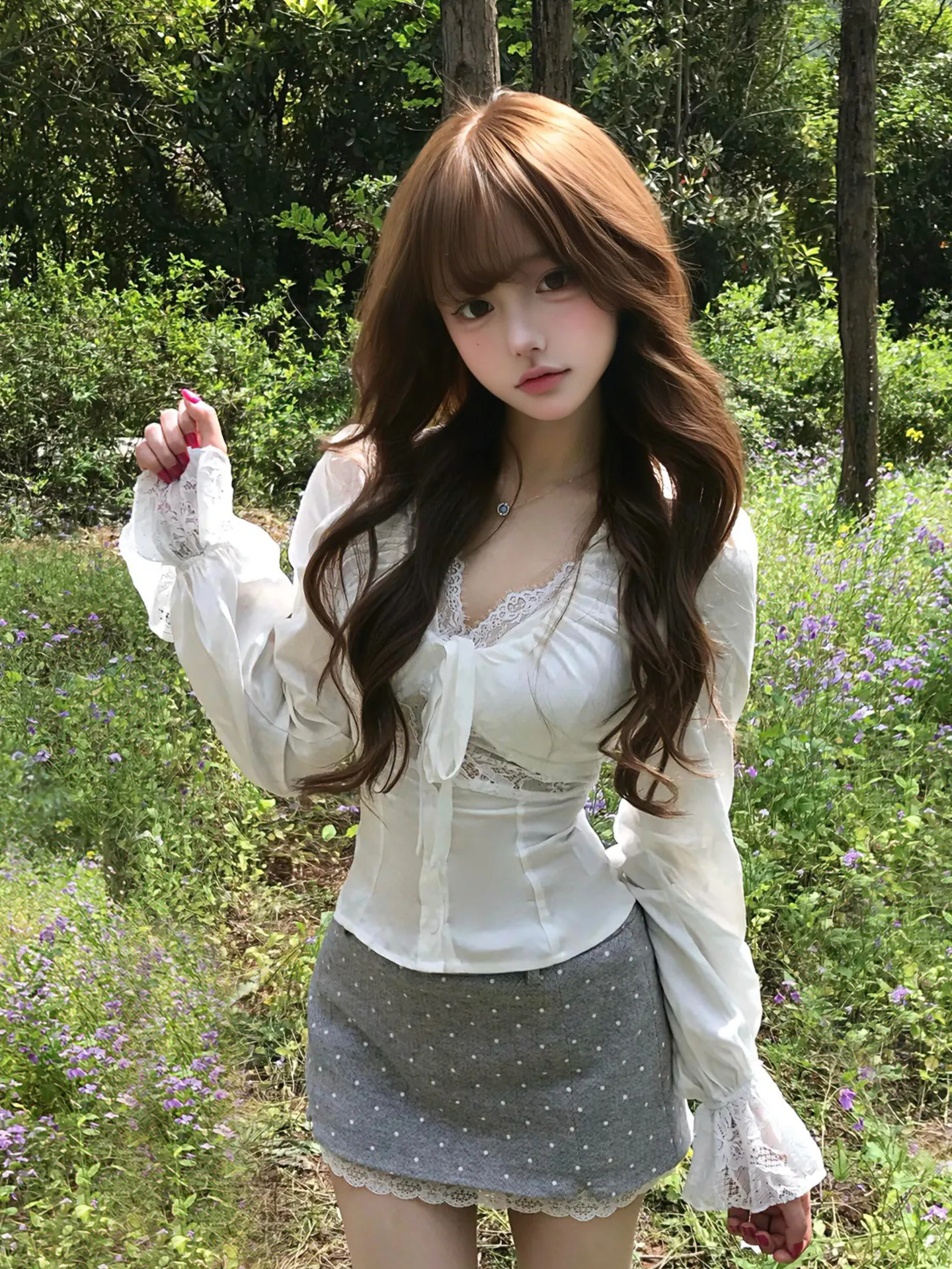 Early Spring Beautiful Lace Splice Long Sleeve Shirt And Polka Dot Wrap around Skirt Two Piece Set Women's Fashion Outfit
Early Spring Beautiful Lace Splice Long Sleeve Shirt And Polka Dot Wrap around Skirt Two Piece Set Women's Fashion Outfit