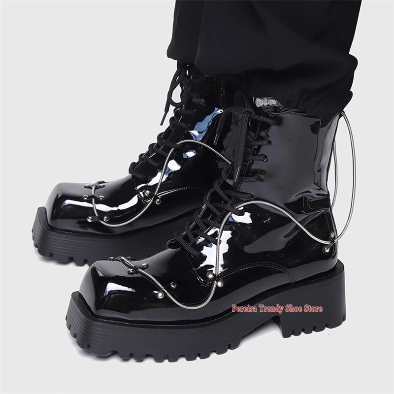 Черные мотоциклетные ботинки из лакированной кожи, короткие ботинки на шнуровке с квадратным носком на массивной платформе, модный дизайн, модные мужские туфли с высоким берцем
Черные мотоциклетные ботинки из лакированной кожи, короткие ботинки на шнуровке с квадратным носком на массивной платформе, модный дизайн, модные мужские туфли с высоким берцем