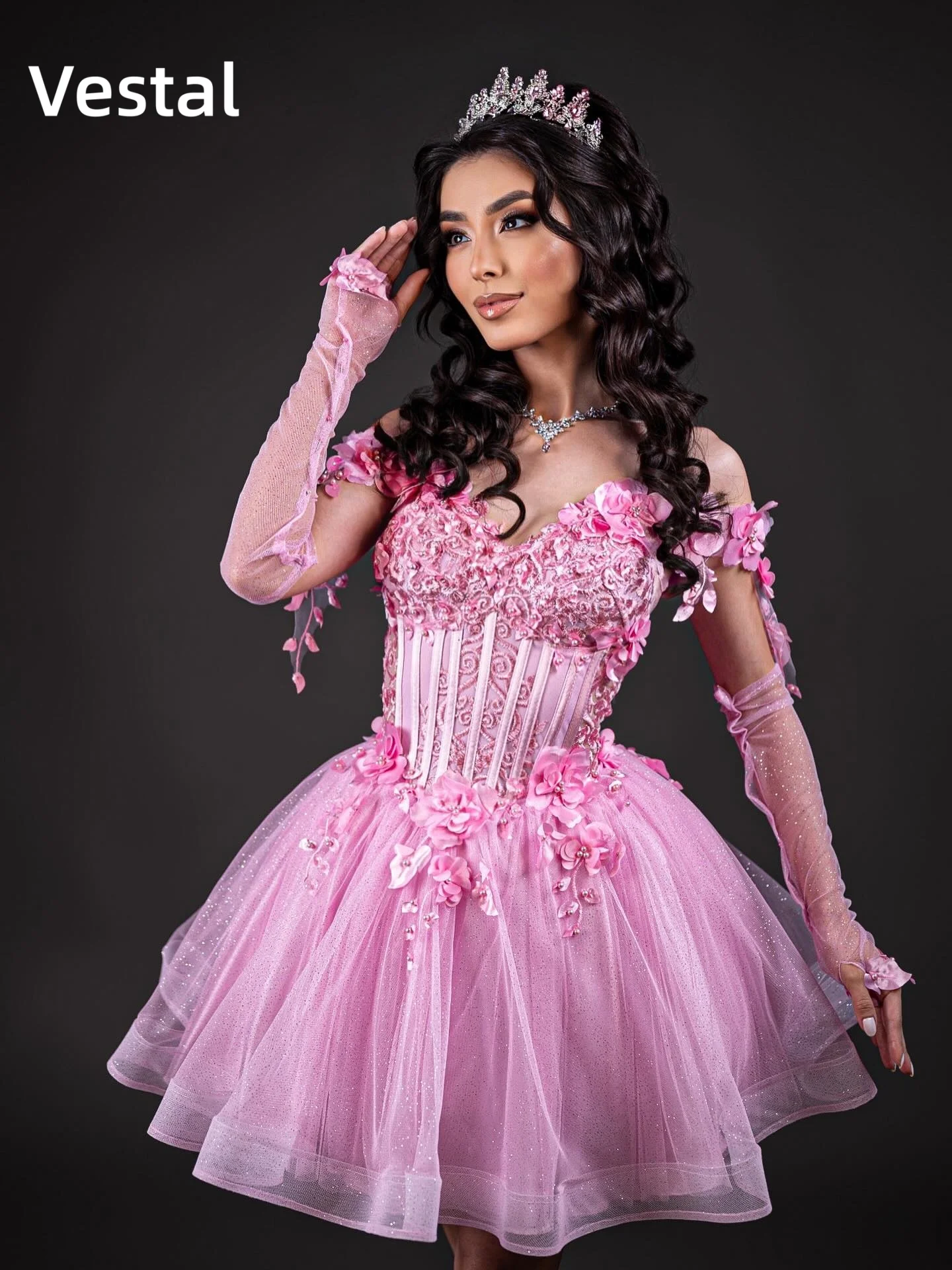 Vestal Pink Princess Short Quinceanera Dress Appliques Ball Gown Sweet 16 Sequin Tulle Prom Dress with Sheer Gloves Customized
Vestal Pink Princess Short Quinceanera Dress Appliques Ball Gown Sweet 16 Sequin Tulle Prom Dress with Sheer Gloves Customized