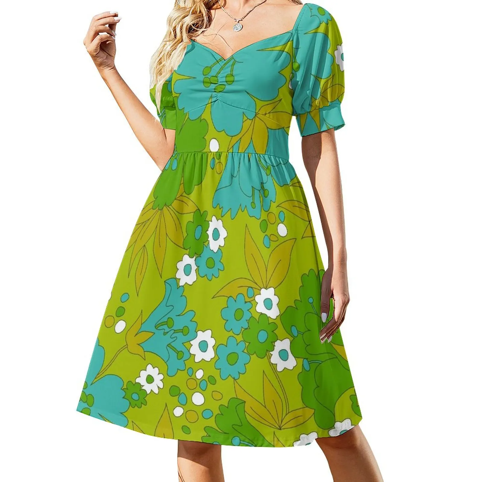 Green, Turquoise, and White Retro Flower Pattern Short Sleeved Dress Women's dress Dress
Green, Turquoise, and White Retro Flower Pattern Short Sleeved Dress Women's dress Dress