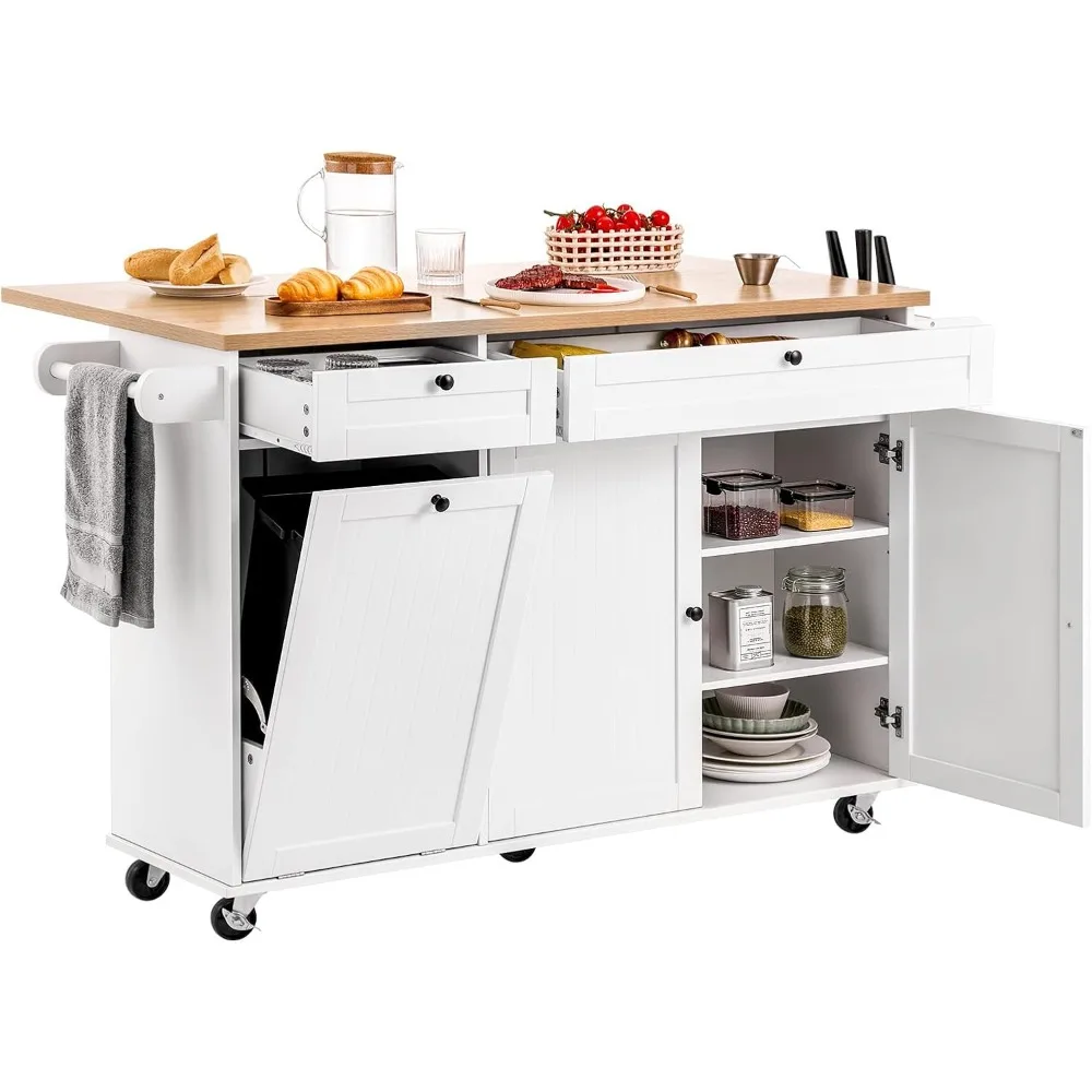 60-inch Wide Mobile Kitchen Island Cart with Storage, Drop Leaf, 2 Drawers, Trash Bin Cabinet, and Knife Holder
60-inch Wide Mobile Kitchen Island Cart with Storage, Drop Leaf, 2 Drawers, Trash Bin Cabinet, and Knife Holder