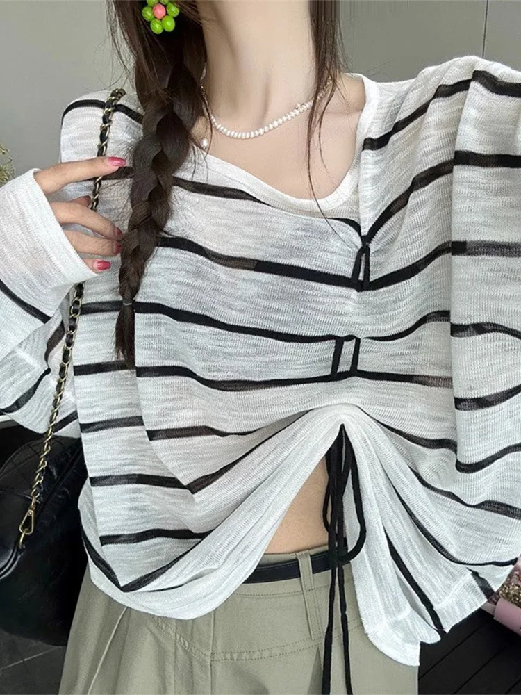 Свободный женский льняной трикотажный топ из ледяного шелка с защитой от солнца, весна-лето, с завязками, в полоску, в корейском стиле
Свободный женский льняной трикотажный топ из ледяного шелка с защитой от солнца, весна-лето, с завязками, в полоску, в корейском стиле