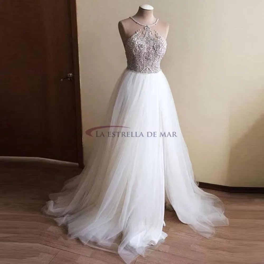 Wedding Dresses Bride Halter Neck Tulle Crystal Bead Boho Vestido De Noivas Para Casamento High Slit Brautkleid Hochzeit Beach
Wedding Dresses Bride Halter Neck Tulle Crystal Bead Boho Vestido De Noivas Para Casamento High Slit Brautkleid Hochzeit Beach