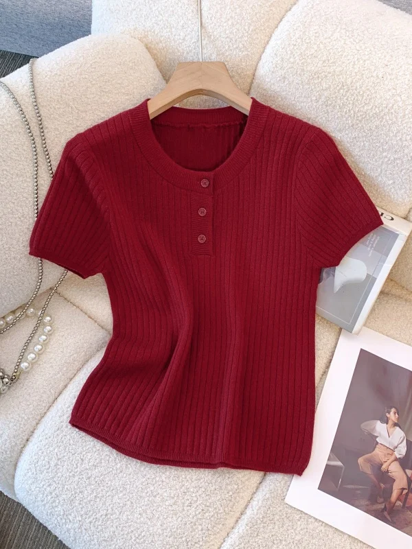 Red Short Sleeve Knitted Slim Fit Top Summer New Style plus Size Women's Base Layer Shirt Inner Wear Korean Style round Neck
Red Short Sleeve Knitted Slim Fit Top Summer New Style plus Size Women's Base Layer Shirt Inner Wear Korean Style round Neck