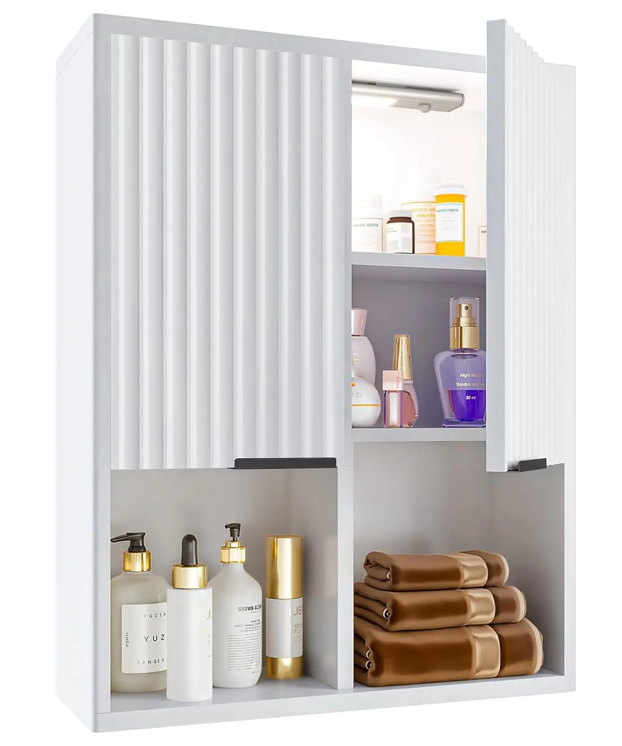 Fluted Bathroom Wall Cabinet with Motion Sensor Light, Curved Profile Wooden Medicine Cabinet Wall Mounted, Customized
Fluted Bathroom Wall Cabinet with Motion Sensor Light, Curved Profile Wooden Medicine Cabinet Wall Mounted, Customized