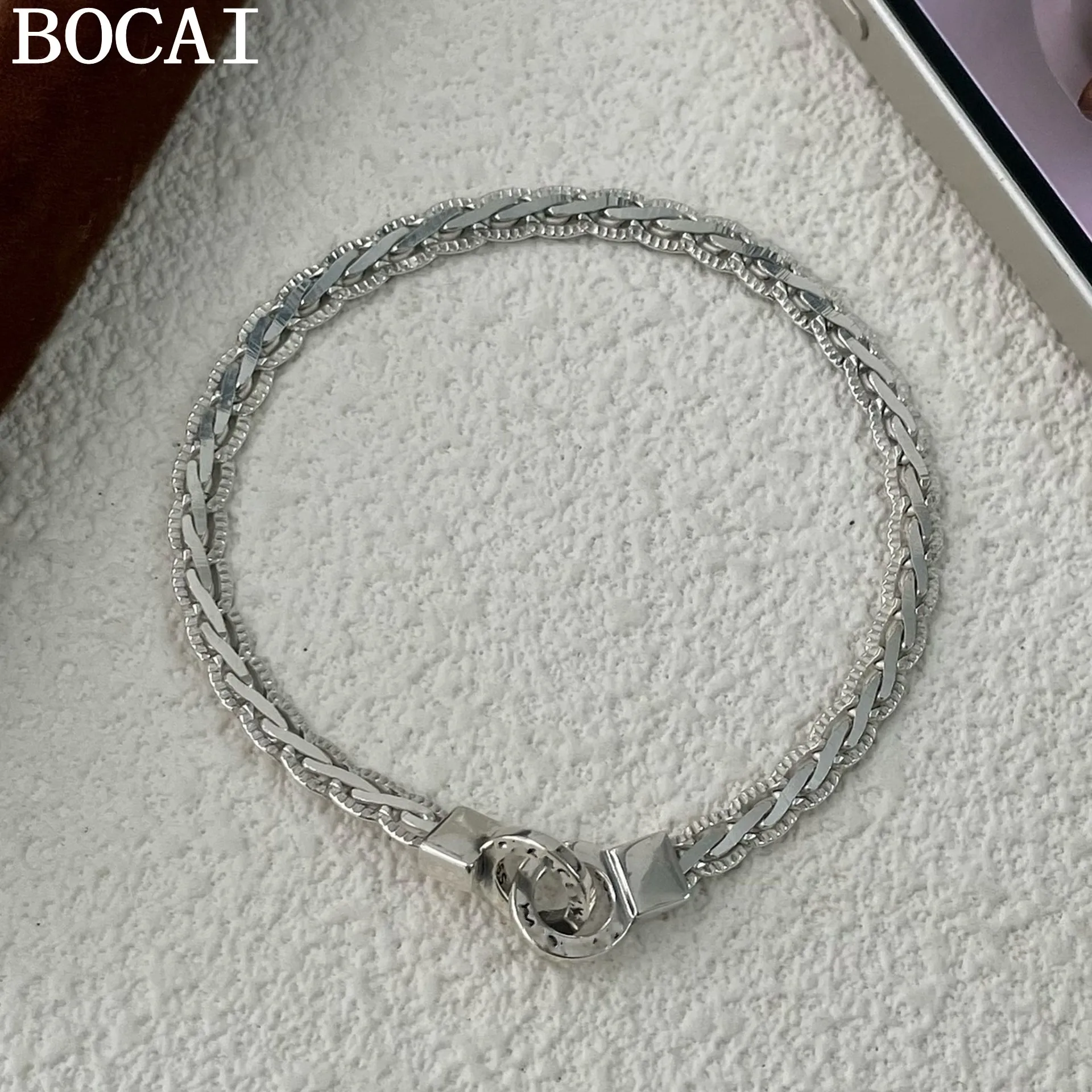 BOCAI NEW S925 Sterling SilverFashionable And Luxurious Lace Snake Bone Chain Double Ring Buckle Bracelet
BOCAI NEW S925 Sterling SilverFashionable And Luxurious Lace Snake Bone Chain Double Ring Buckle Bracelet