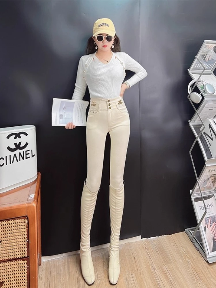 2025 Winter Warm Thick Fleece Jeans Women High Waist White Pencil Pants Autumn New Outer Wear Tight Foot Slim Base Boots Pants 
2025 Winter Warm Thick Fleece Jeans Women High Waist White Pencil Pants Autumn New Outer Wear Tight Foot Slim Base Boots Pants