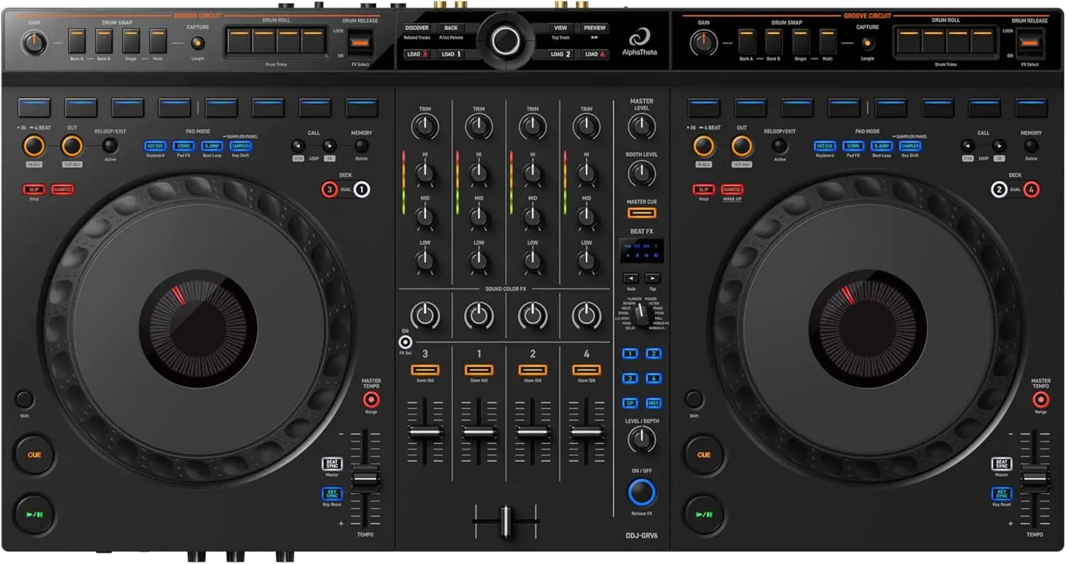AlphaTheta DDJ‑GRV6 4‑Channel DJ Controller — Groove Circuit Live Remixing, Club‑Standard Layout, Full‑Size Jog Wheels, rekordbox & Serato DJ Pro
AlphaTheta DDJ‑GRV6 4‑Channel DJ Controller — Groove Circuit Live Remixing, Club‑Standard Layout, Full‑Size Jog Wheels, rekordbox & Serato DJ Pro