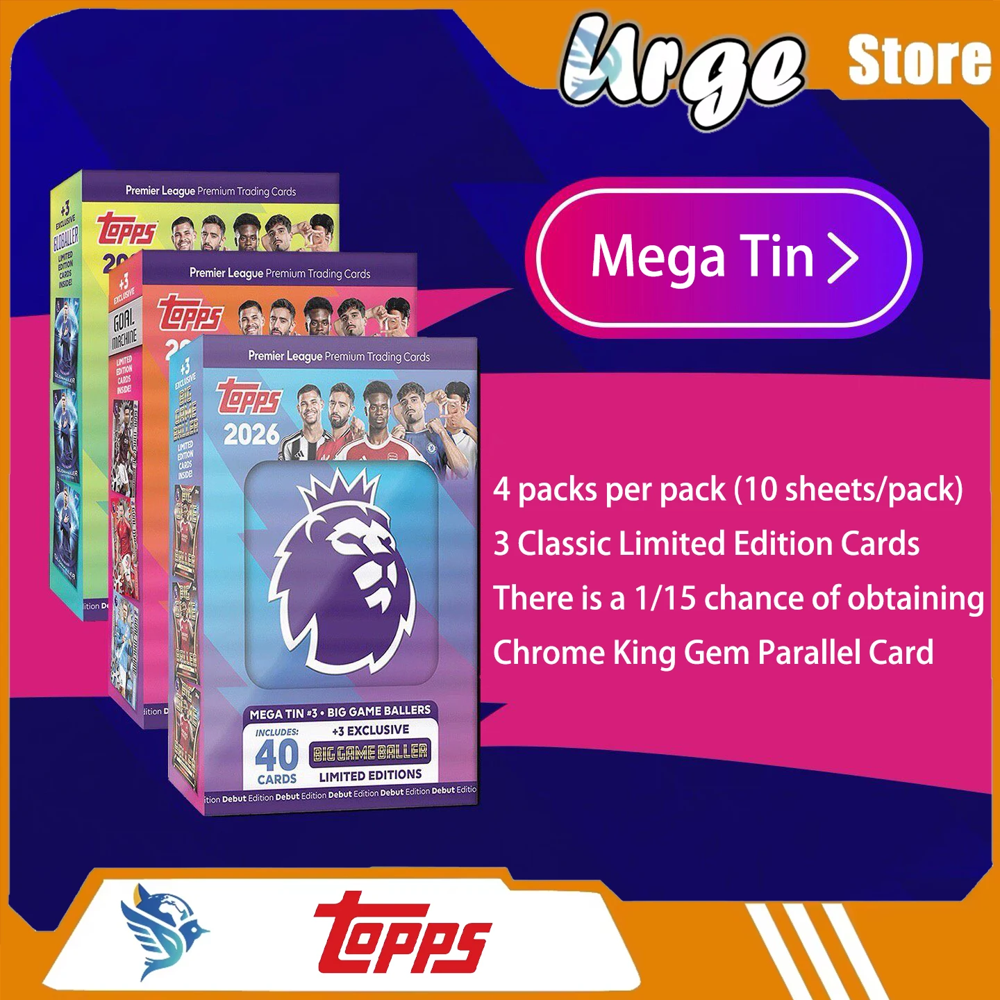 2026 TOPPS Premier League Premier League Premium Trading Cards Debut Edition Mega Tin (Goal Machines/Globallers/Big Game Baller)
2026 TOPPS Premier League Premier League Premium Trading Cards Debut Edition Mega Tin (Goal Machines/Globallers/Big Game Baller)