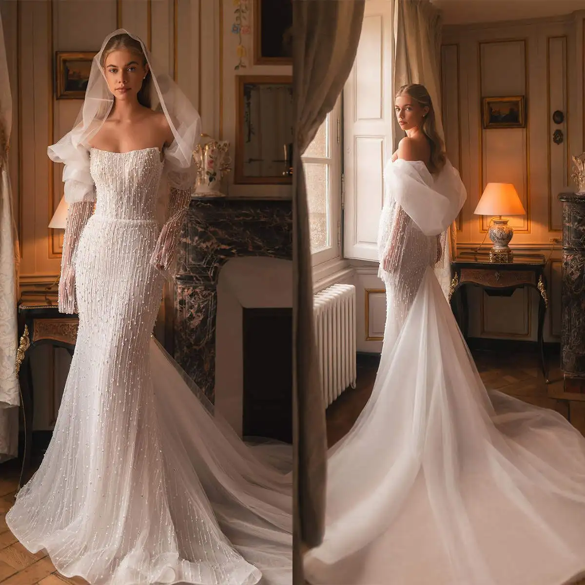 Graceful Mermaid Wedding Dresses Strapless Long Sleeve Appliques Beading Bridal Gown Sweep Train Vestido De Noiva Customized
Graceful Mermaid Wedding Dresses Strapless Long Sleeve Appliques Beading Bridal Gown Sweep Train Vestido De Noiva Customized