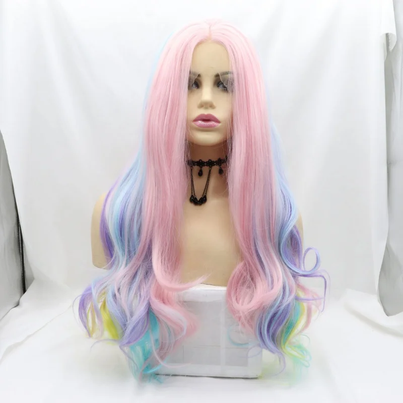 Hand-woven lace front Halloween synthetic wig with colorful large wavy long curls and comfortable rose net cap
Hand-woven lace front Halloween synthetic wig with colorful large wavy long curls and comfortable rose net cap
