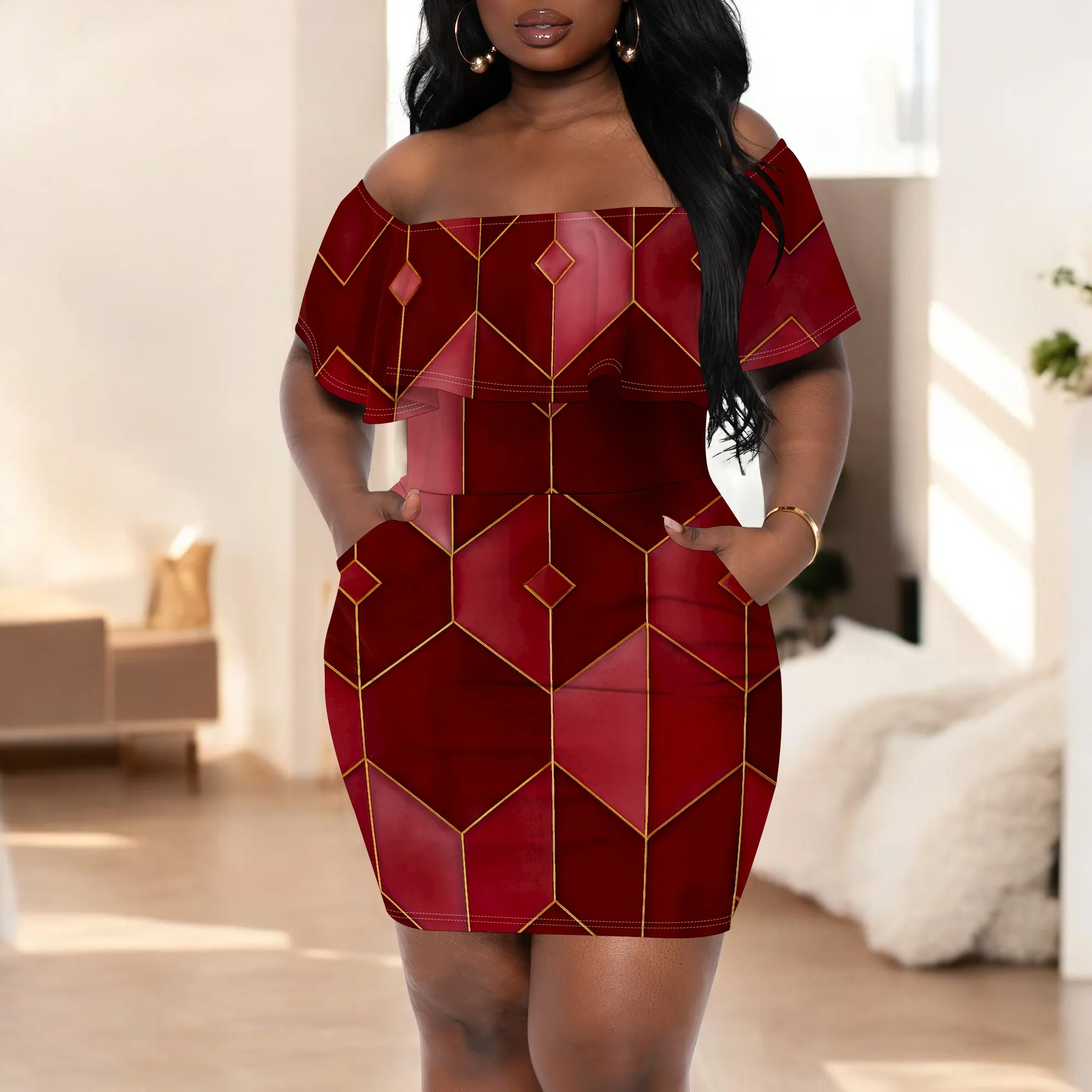 Women's Wine Red Geometric Off Shoulder Mini Dress – Elegant Bodycon Fit with Ruffle Neck for Cultural Celebration, Party S-3XL
Women's Wine Red Geometric Off Shoulder Mini Dress – Elegant Bodycon Fit with Ruffle Neck for Cultural Celebration, Party S-3XL