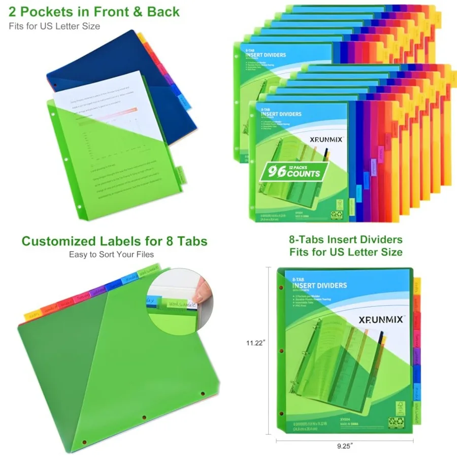 8-Tab Binder Dividers - Index Pockets Divider for 3 Ring Binders, 3-Hole Plastics Sheets Protectors for US Letter Size in 0.5''
8-Tab Binder Dividers - Index Pockets Divider for 3 Ring Binders, 3-Hole Plastics Sheets Protectors for US Letter Size in 0.5''