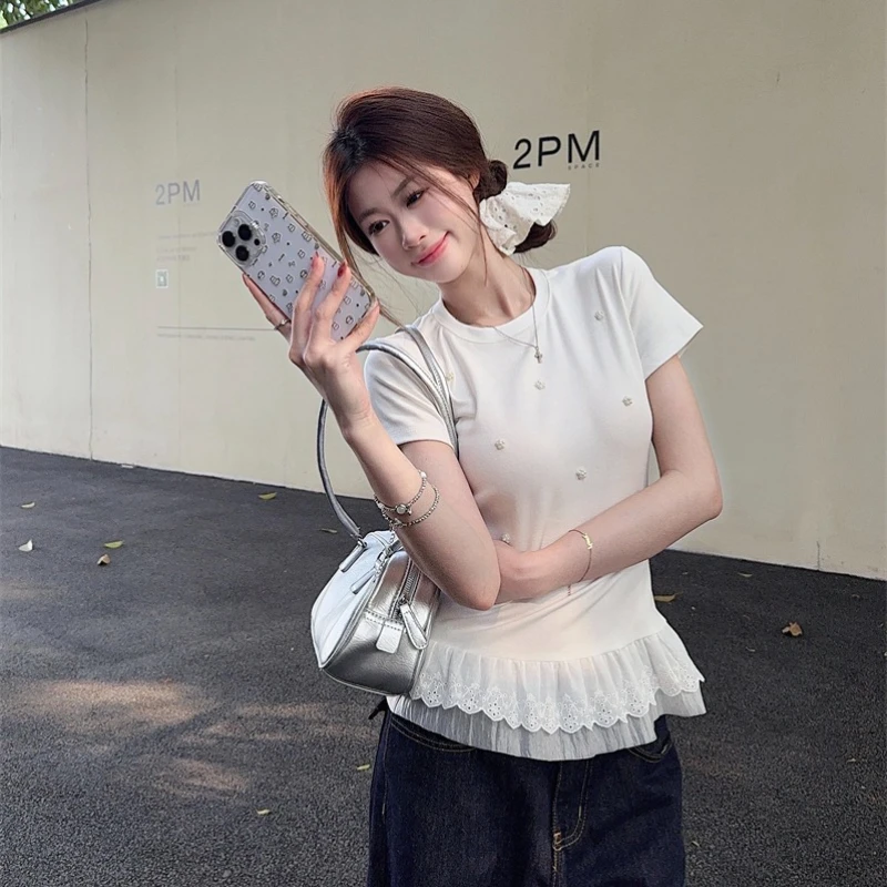 2025 Summer Beaded Short-sleeved T-shirt Women's Lace Korean Top Trend Babydoll Tight Graphic Tees Street Wear Clothes Gary Tops
2025 Summer Beaded Short-sleeved T-shirt Women's Lace Korean Top Trend Babydoll Tight Graphic Tees Street Wear Clothes Gary Tops