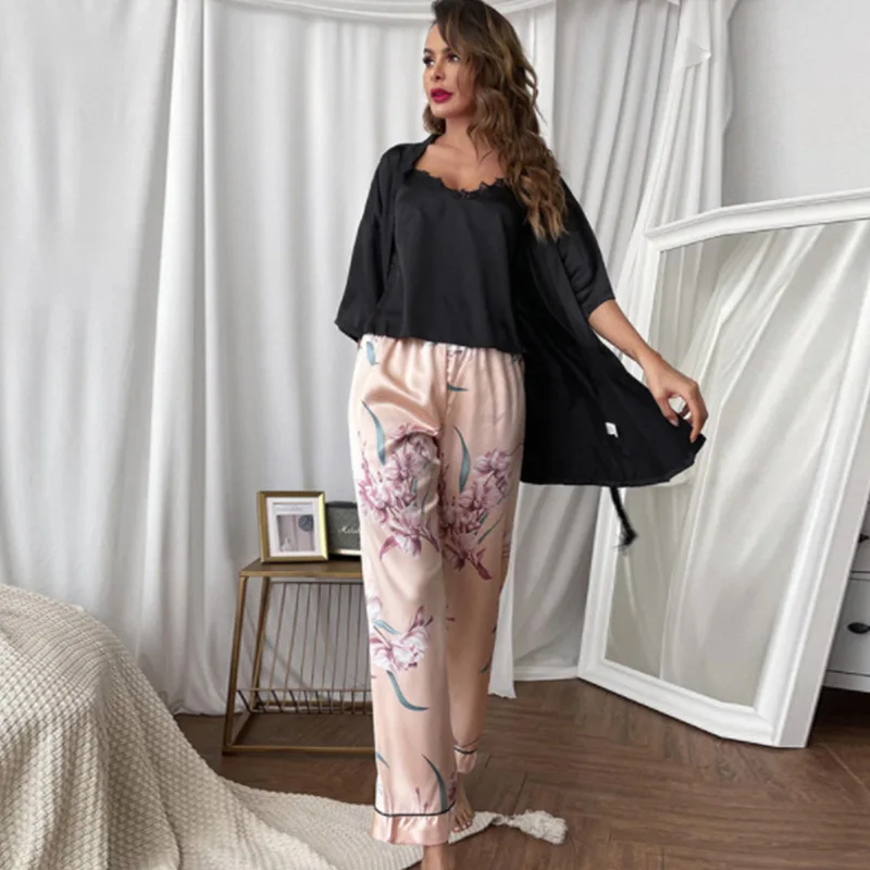 Loose Home Clothes Lace Trim Sleepwear Printed Flower Pajamas Women Satin Three Pieces Robe&Sling&Pants Set Casual Lounge Wear
Loose Home Clothes Lace Trim Sleepwear Printed Flower Pajamas Women Satin Three Pieces Robe&Sling&Pants Set Casual Lounge Wear