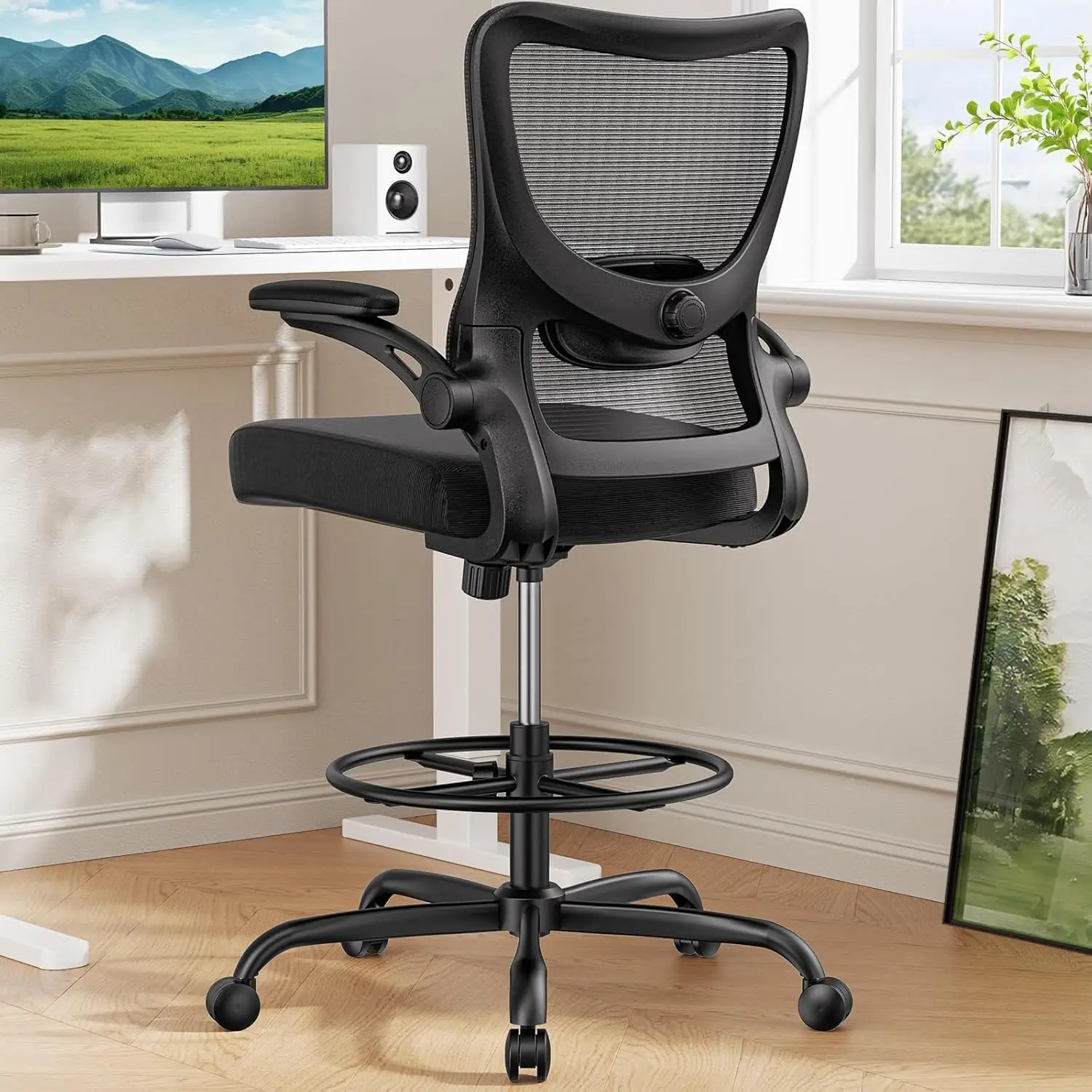 Ergonomic Drafting Chair with 2D Lumbar Support, Flip-Up Armrests & Adjustable Foot Ring, Black
Ergonomic Drafting Chair with 2D Lumbar Support, Flip-Up Armrests & Adjustable Foot Ring, Black