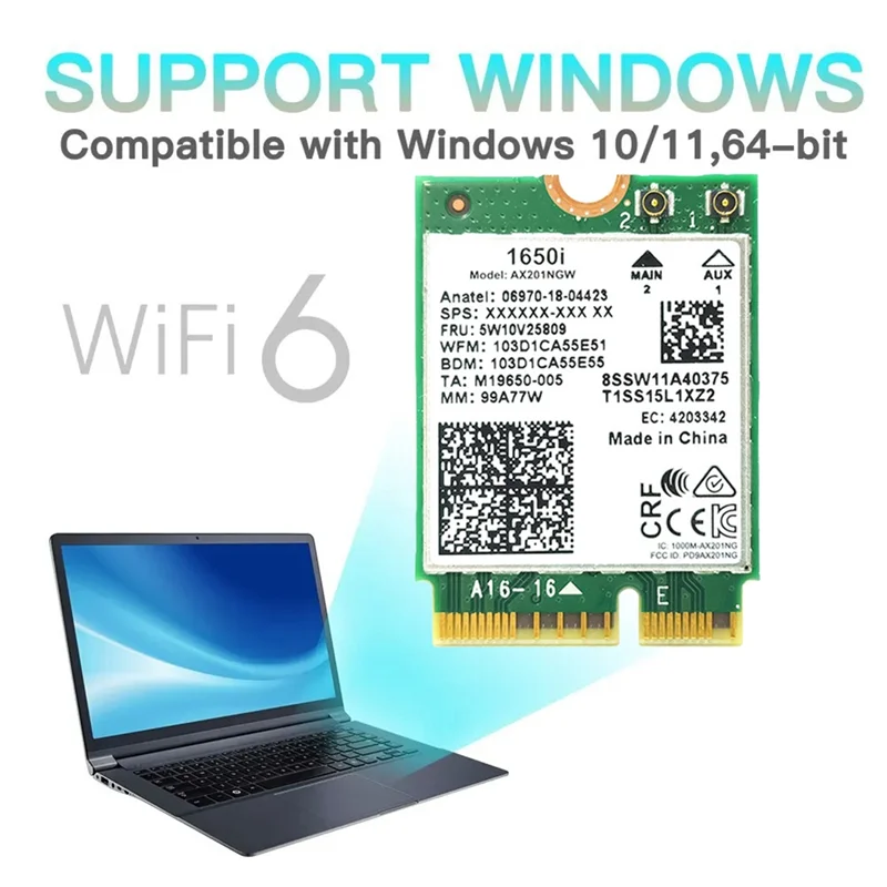 1650I AX201NGW Wifi Card+2Xantenna 3000Mbps WIFI6 2.4G/5G Dual-Band Cnvio2 Bluetooth 5.1 Wifi Adapter For Win10/Win11
1650I AX201NGW Wifi Card+2Xantenna 3000Mbps WIFI6 2.4G/5G Dual-Band Cnvio2 Bluetooth 5.1 Wifi Adapter For Win10/Win11