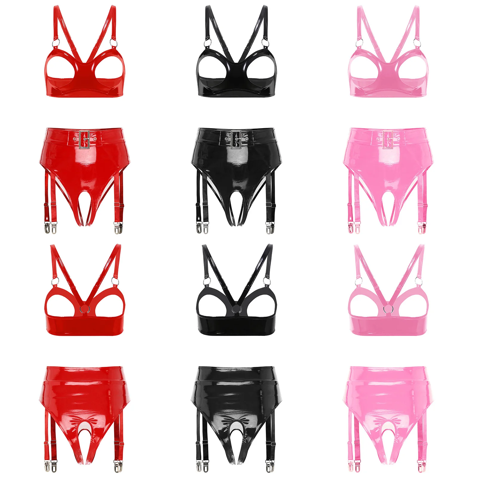 Womens PU Leather Lingerie Set Clubwear Open Cup Wire-free O-ring Bra Top Built-in Thongs Ruffled Miniskirt with Garter Clips
Womens PU Leather Lingerie Set Clubwear Open Cup Wire-free O-ring Bra Top Built-in Thongs Ruffled Miniskirt with Garter Clips