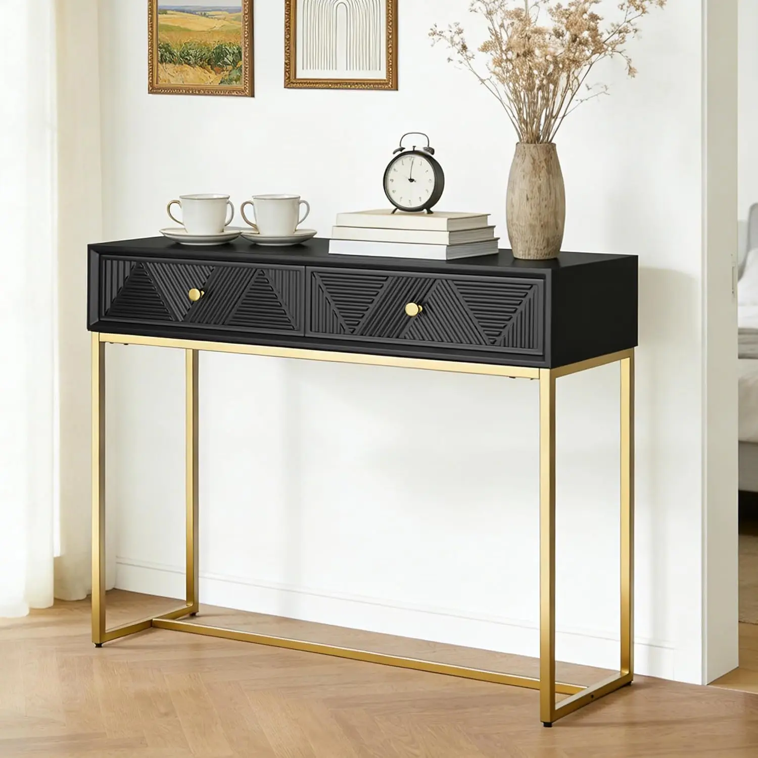 38in Narrow Console Table 2 Fluted Drawers Gold T-Legs Behind Couch Entryway Small Space Hallway, Customized
38in Narrow Console Table 2 Fluted Drawers Gold T-Legs Behind Couch Entryway Small Space Hallway, Customized