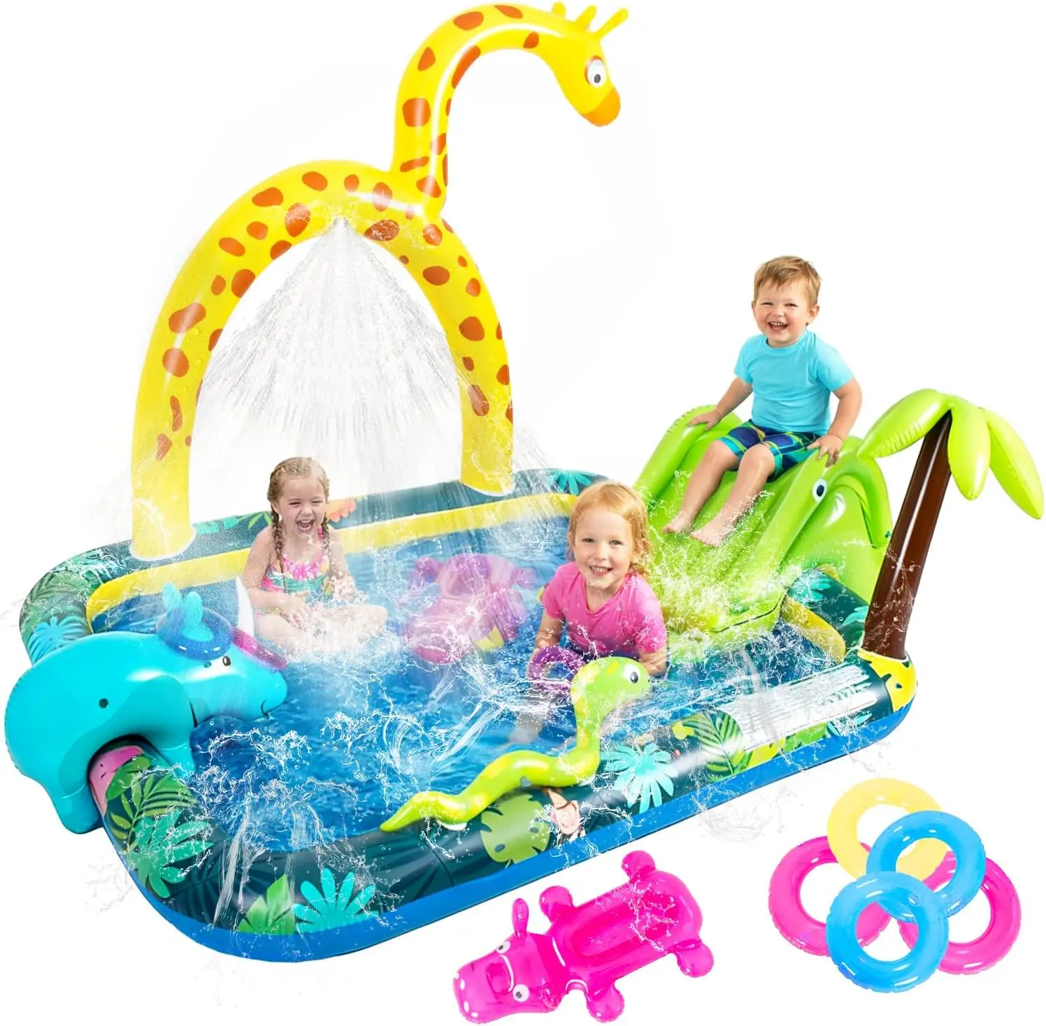 Inflatable Jungle Animal Play Center, Inflatable Water Park Kiddie Pool with Slide, Water Sprayer for Summer Outdoor Splash, Backyard and Garden 102.5" x75" x 54.5"
Inflatable Jungle Animal Play Center, Inflatable Water Park Kiddie Pool with Slide, Water Sprayer for Summer Outdoor Splash, Backyard and Garden 102.5" x75" x 54.5"
