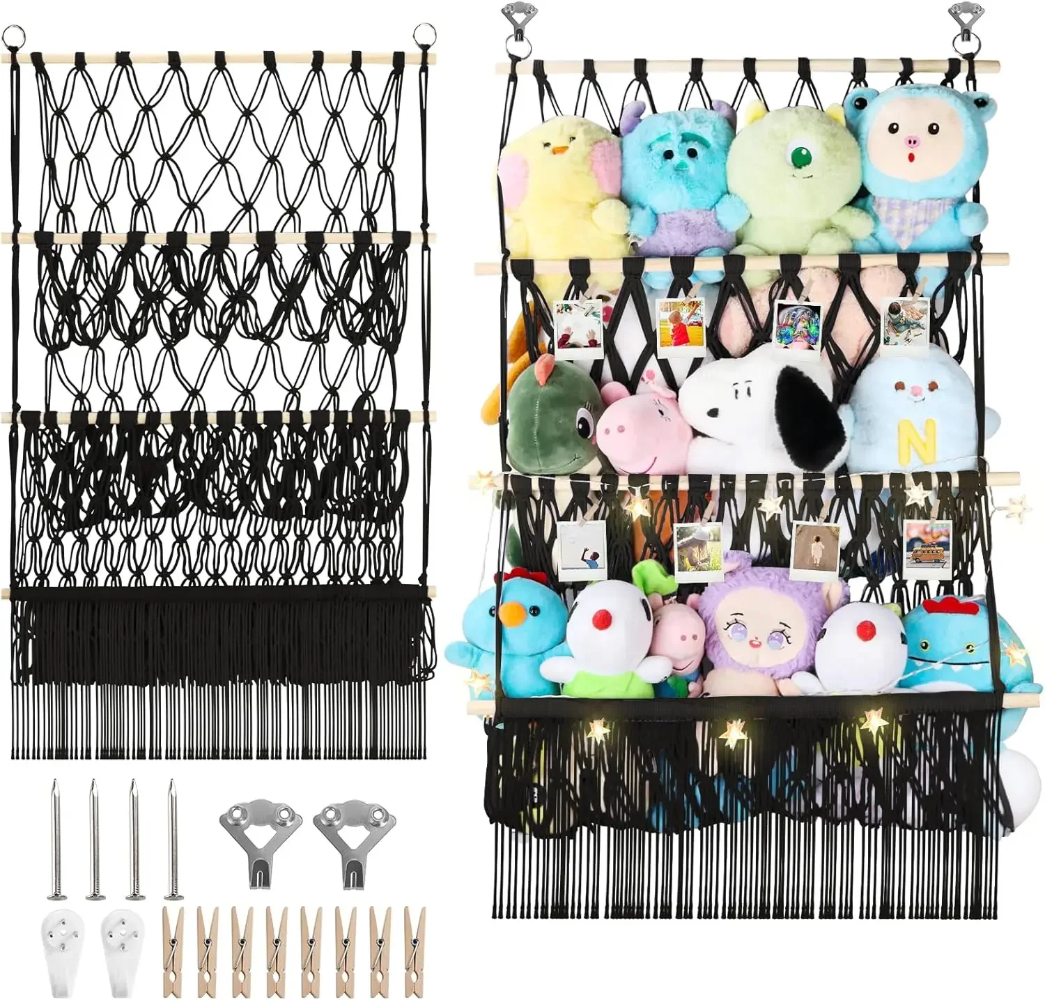 3-Tier Wall Hanging Stuffed Animal Shelf with LED Lights & Clips, 24x39 Inch, Black Boho Macrame Toy Hammock for Kids
3-Tier Wall Hanging Stuffed Animal Shelf with LED Lights & Clips, 24x39 Inch, Black Boho Macrame Toy Hammock for Kids