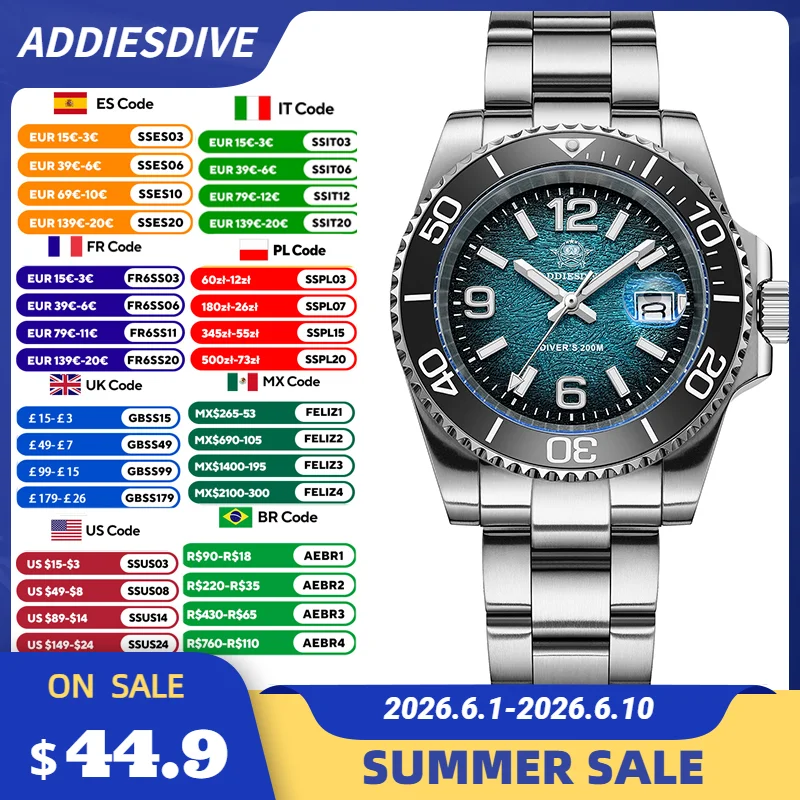 ADDIESDIVE AD2513 41mm Men's Diving Watch 200m Waterproof 316L Stainless Steel Quartz Wrist Watch Calendar BGW9 Super Luminous
ADDIESDIVE AD2513 41mm Men's Diving Watch 200m Waterproof 316L Stainless Steel Quartz Wrist Watch Calendar BGW9 Super Luminous