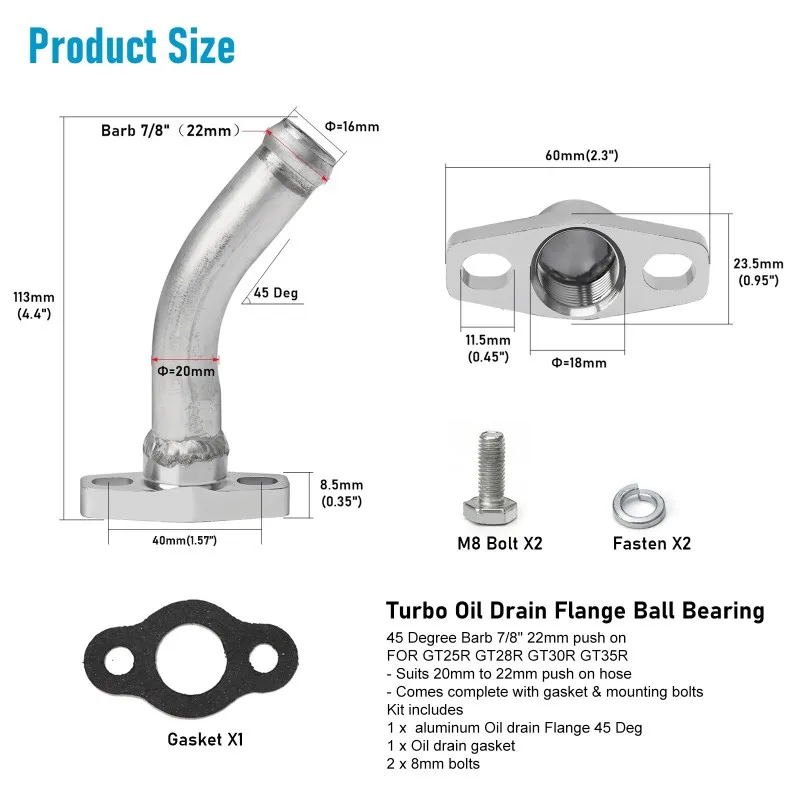 Aluminium Alloy Turbo Oil Drain/Return Pipe Kit 45 Degree For GT25R GT28R GT30R GT35R Flange Ball Bearing Turbocharger-M54K
Aluminium Alloy Turbo Oil Drain/Return Pipe Kit 45 Degree For GT25R GT28R GT30R GT35R Flange Ball Bearing Turbocharger-M54K