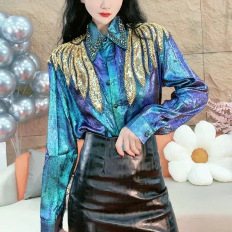 Women Autumn Diamonds Beaded Turn Down Collar Floral Embroidery Shirts Hot Drilling Blouses Single Breasted Glossy Cardigan Tops
Women Autumn Diamonds Beaded Turn Down Collar Floral Embroidery Shirts Hot Drilling Blouses Single Breasted Glossy Cardigan Tops