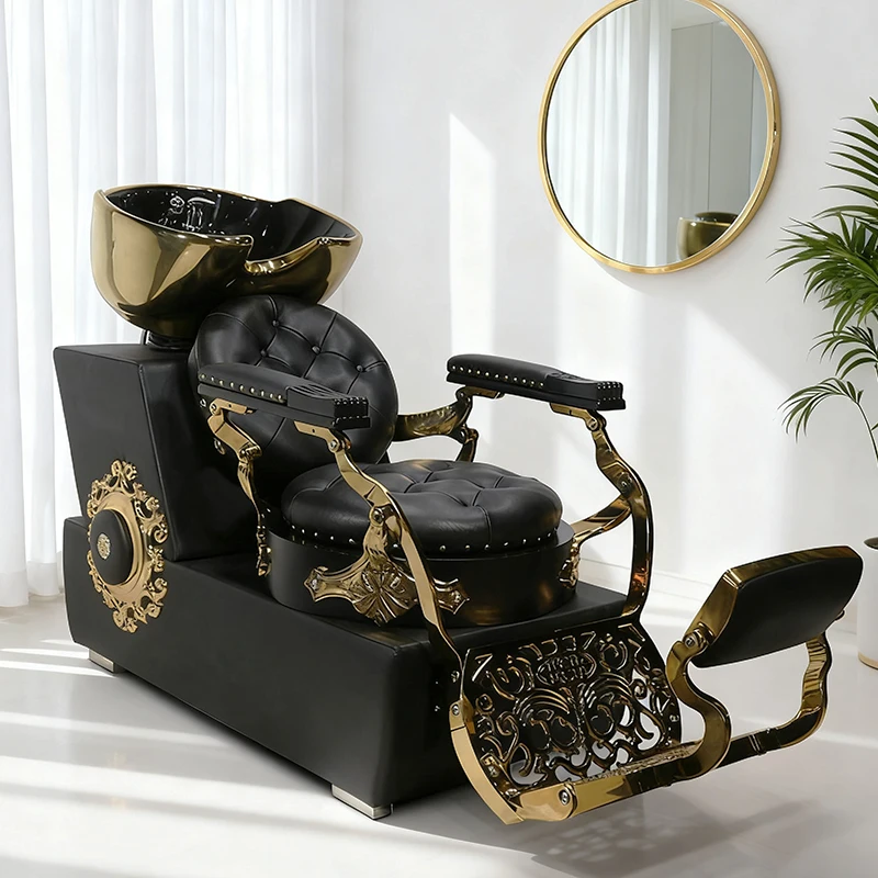 Classic Black and Gold Hair Salon Shampoo Chair Bed Luxury Reclining Shampoo Station Chair
Classic Black and Gold Hair Salon Shampoo Chair Bed Luxury Reclining Shampoo Station Chair