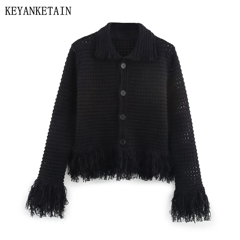 KEYANKETIAN Spring/Autumn New Women's Tassel Decoration Hollowed-out Sweater Cardigan Fashion Chic Single Breasted Knitted Top
KEYANKETIAN Spring/Autumn New Women's Tassel Decoration Hollowed-out Sweater Cardigan Fashion Chic Single Breasted Knitted Top