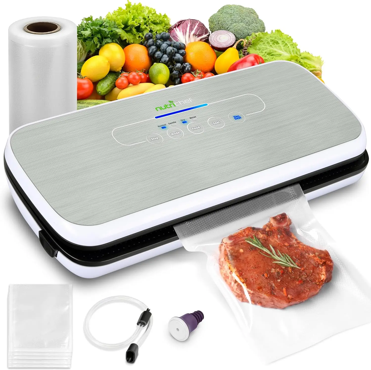 Automatic Food Vacuum Sealer with LED Touch Controls, High Suction, Includes Bags & Hose, 14x6x3 Inches, Silver
Automatic Food Vacuum Sealer with LED Touch Controls, High Suction, Includes Bags & Hose, 14x6x3 Inches, Silver