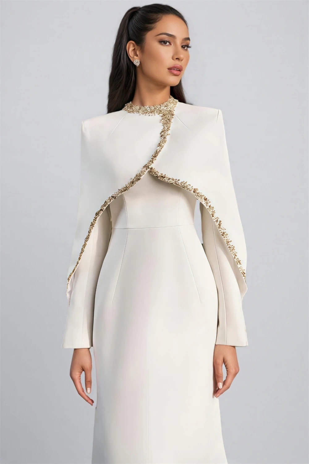 Contessa Customized Cape O Neck Sleeve Sheath Evening Dress Elegant robes de soirée Beaded Trim Length Maxi Formal Evening Gowns
Contessa Customized Cape O Neck Sleeve Sheath Evening Dress Elegant robes de soirée Beaded Trim Length Maxi Formal Evening Gowns