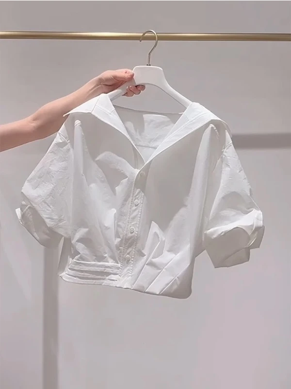 Sweet Style White Bubble Sleeve Shirt Women's Short Length Turn-down Collar Summer New Fashion Lazy Style Top Trendy
Sweet Style White Bubble Sleeve Shirt Women's Short Length Turn-down Collar Summer New Fashion Lazy Style Top Trendy