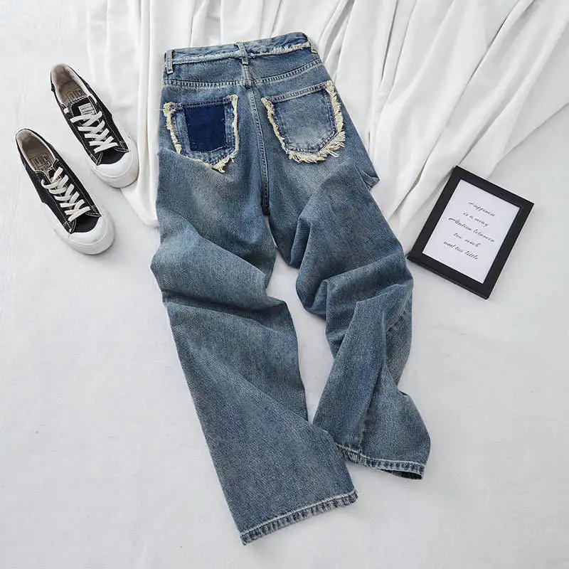 Women's Spring Autumn High Waist Wide Leg Jeans Frayed Hem Straight Loose Design Pockets Color Block Long Pants
Women's Spring Autumn High Waist Wide Leg Jeans Frayed Hem Straight Loose Design Pockets Color Block Long Pants