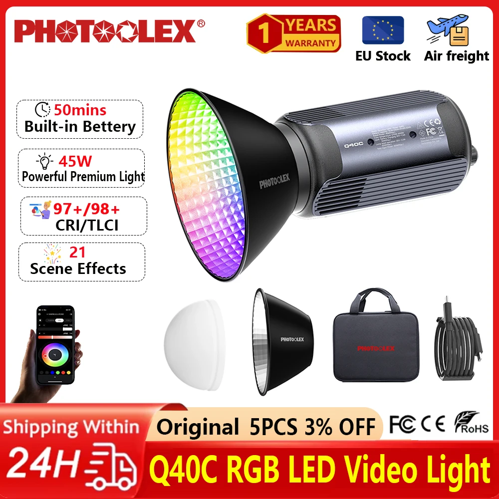 PHOTOOLEX Q40C RGB Video Light Portable Outdoor Photography LED 40W Fill Light 2500-6500K Live Lighting Spotlight APP Control
PHOTOOLEX Q40C RGB Video Light Portable Outdoor Photography LED 40W Fill Light 2500-6500K Live Lighting Spotlight APP Control