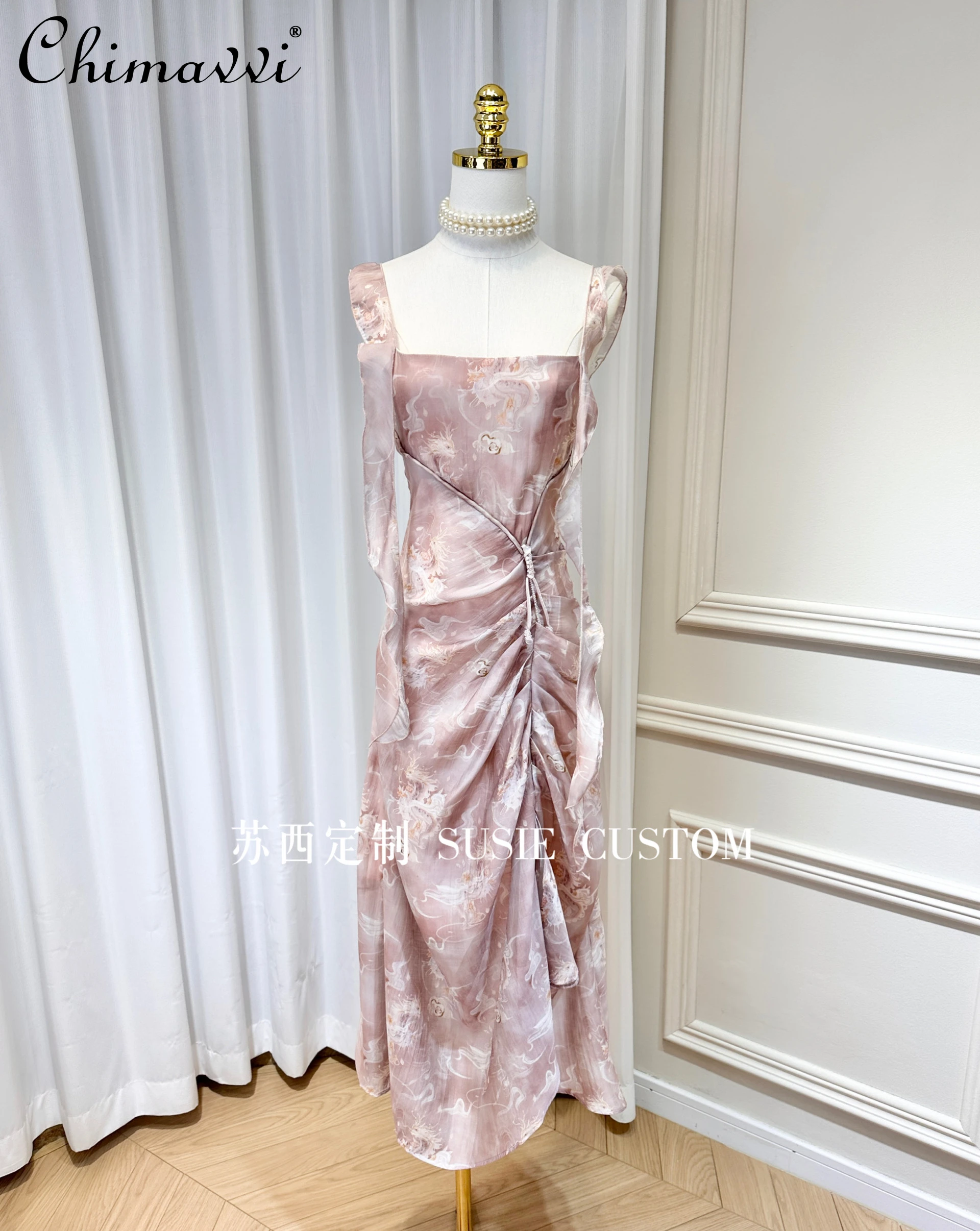 Chinese Style Elegant Vintage Printed Ruffled Beaded Buckle Pleated Irregular Sleeveless Backless Sling Long Dress Women Summer
Chinese Style Elegant Vintage Printed Ruffled Beaded Buckle Pleated Irregular Sleeveless Backless Sling Long Dress Women Summer
