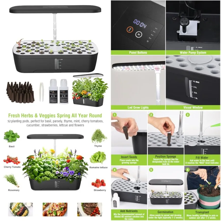 52 Pods Hydroponics Growing System Kit, Indoor Herb Garden with Smart LED Grow Light, Large Capacity Water Tank, Adjustable Hei
52 Pods Hydroponics Growing System Kit, Indoor Herb Garden with Smart LED Grow Light, Large Capacity Water Tank, Adjustable Hei