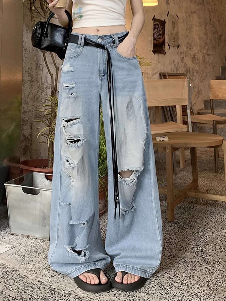 American style retro vintage blue jeans women's summer high waist slimming versatile ripped street trendy wide leg pants
American style retro vintage blue jeans women's summer high waist slimming versatile ripped street trendy wide leg pants